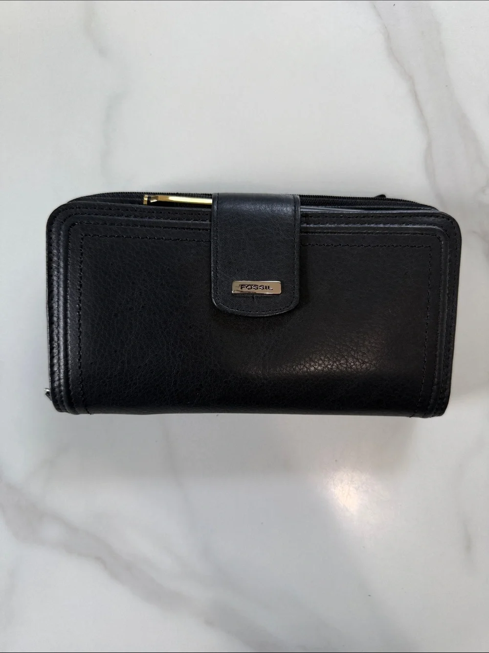 Fossil Black Leather Zip-Around Wallet with Gold Accent